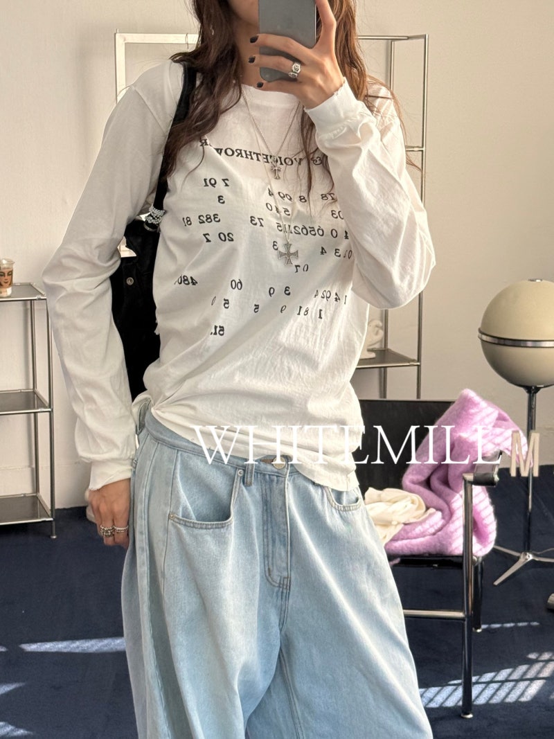 빈티지 나그랑 숫자레터링 긴팔티셔츠 여성 데일리