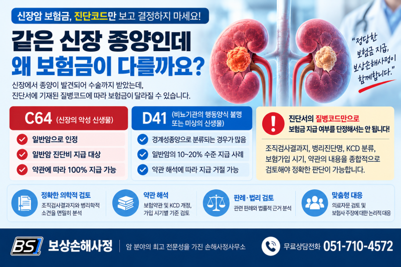 신장암 D41, C64 보험금 청구 전 손해사정사 상담은 필수/보상손해사정 부산손해사정사