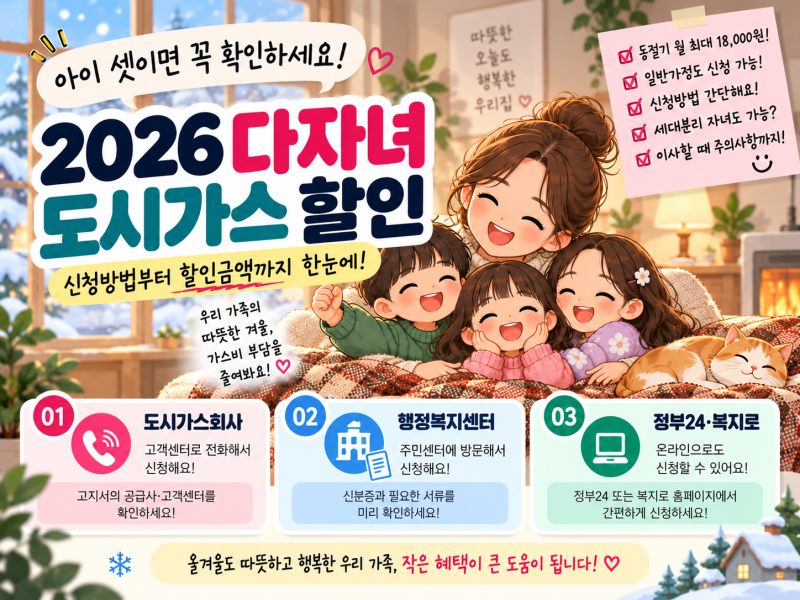 2026 다자녀 도시가스 할인, 아이 셋이면 얼마? 신청방법까지 총정리