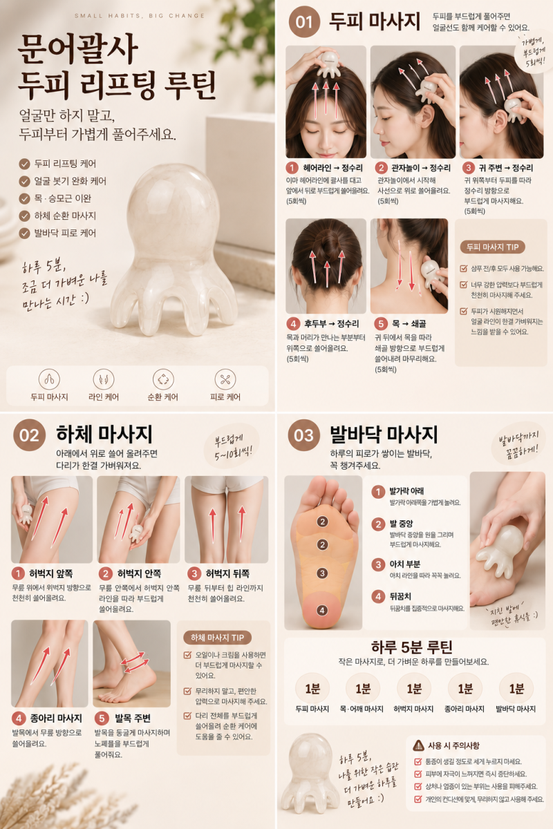 문어괄사 사용법｜두피 리프팅부터 하체·발바닥까지 5분 마사지 루틴