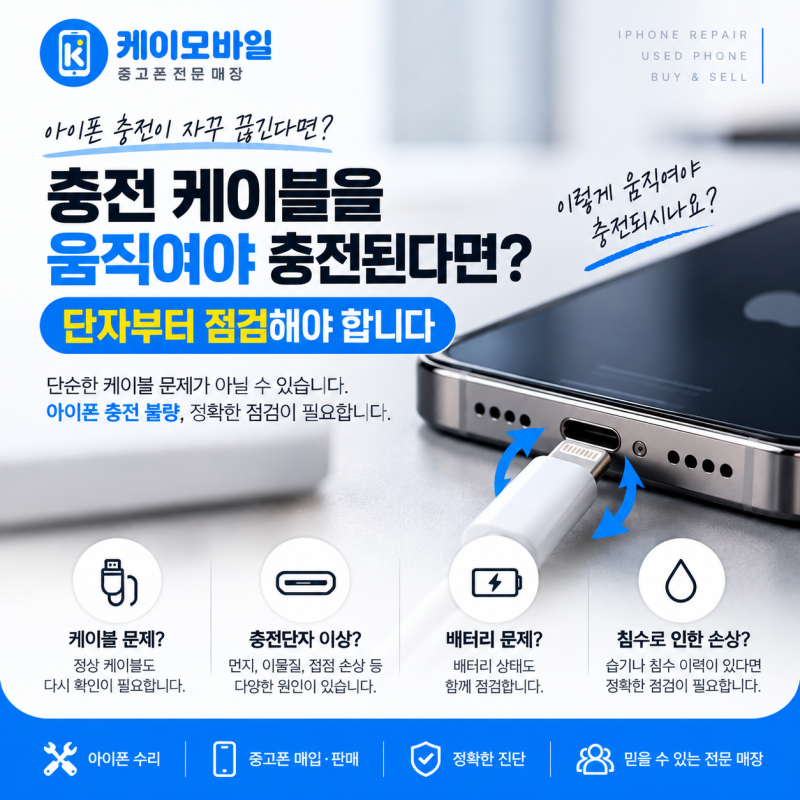 아이폰수리, 충전 케이블을 움직여야 충전된다면? 단자부터 점검해야 합니다!