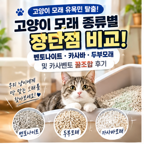 고양이 모래 종류별 장단점 비교! 벤토나이트 카사바 두부모래 및 카사벤토 꿀조합 후기