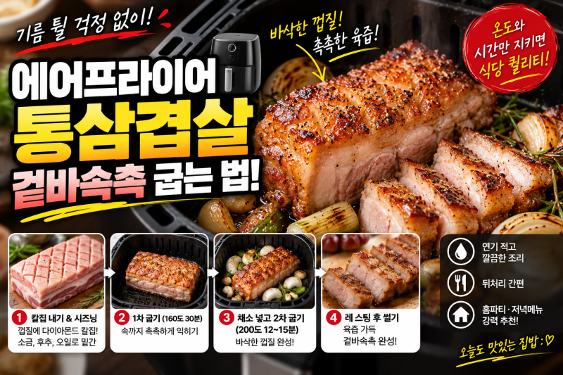 에어프라이어 통삼겹살 굽는 시간과 온도! 껍질은 바삭하고 육즙 안 빠지는 겉바속촉 마리네....