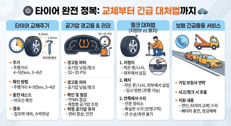 타이어 교체주기부터 공기압 경고등 펑크 지렁이 패치 보험 긴급출동 대처법 총정리