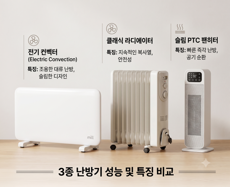 [2026 가정용 히터 비교] 컨벡터 vs 라디에이터 vs PTC 팬히터! 소비전력·소음 스펙부터 브랜드....