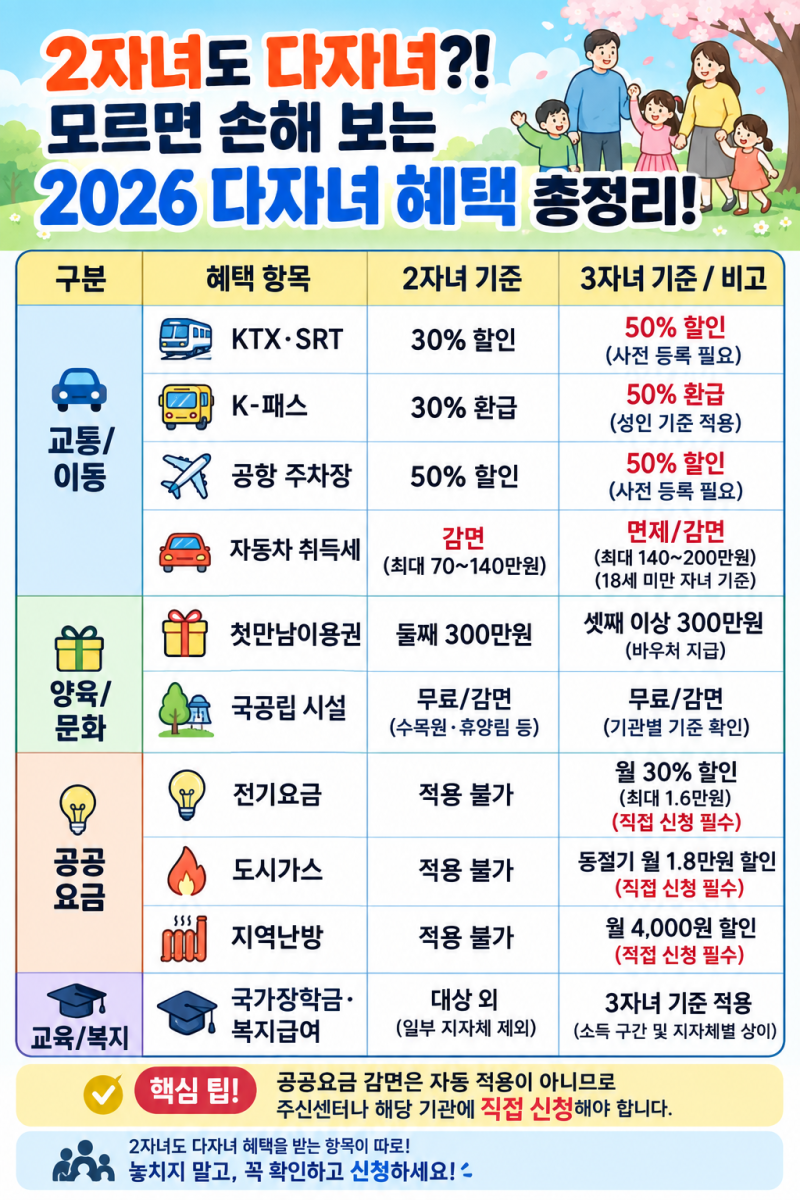 2026 다자녀 혜택 2자녀 3자녀 총정리｜KTX·SRT·K패스·자동차 취득세·공항주차·국가장학금
