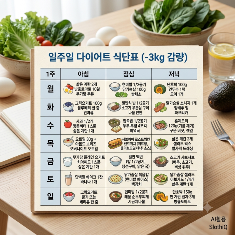 운동 없이 식단만으로 -3kg 감량한 현실적인 일주일 다이어트 식단표 공유