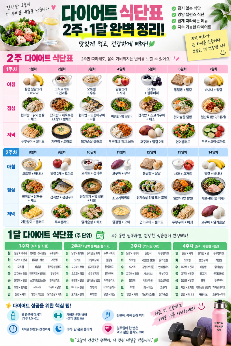 다이어트 식단표 2주·1달 총정리｜굶지 않고 따라 하는 현실 식단