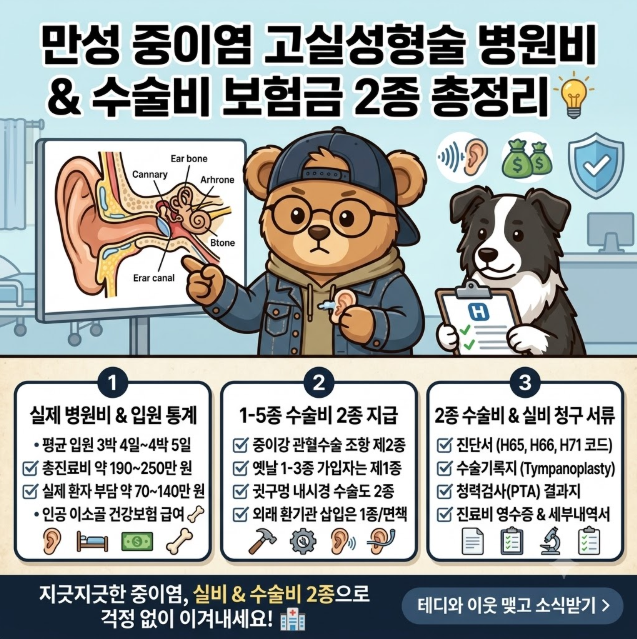 [만성 중이염 H65/H66] 고실성형술 실제 병원비는 얼마? 1-5종 수술비 2종 청구 서류 총정리