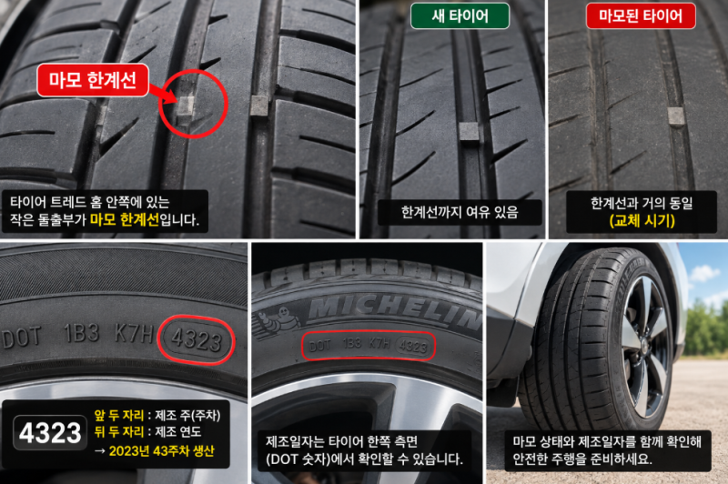 타이어 마모 한계선 보는 법, 제조일자까지 확인하면 교체시기가 보입니다
