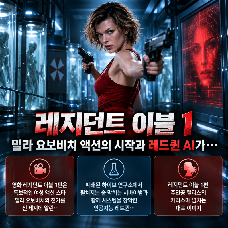 밀라 요보비치 여성 액션영화의 시작 레지던트 이블 1 AI 레드퀸 던지는 경고
