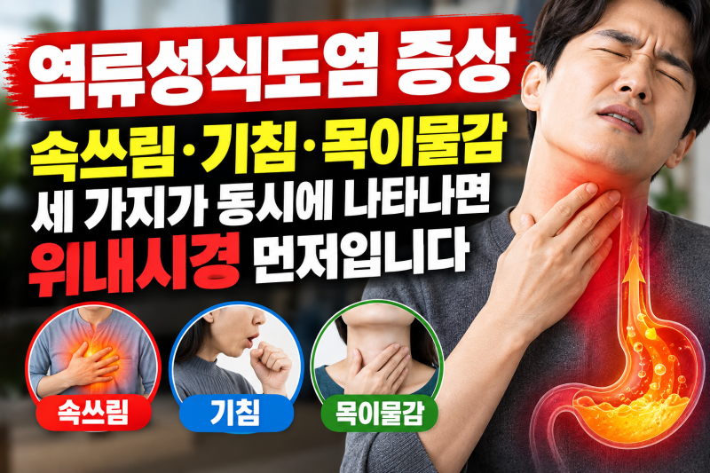역류성식도염 증상 — 속쓰림·기침·목이물감 세 가지가 동시에 나타나면 위내시경 먼저입....