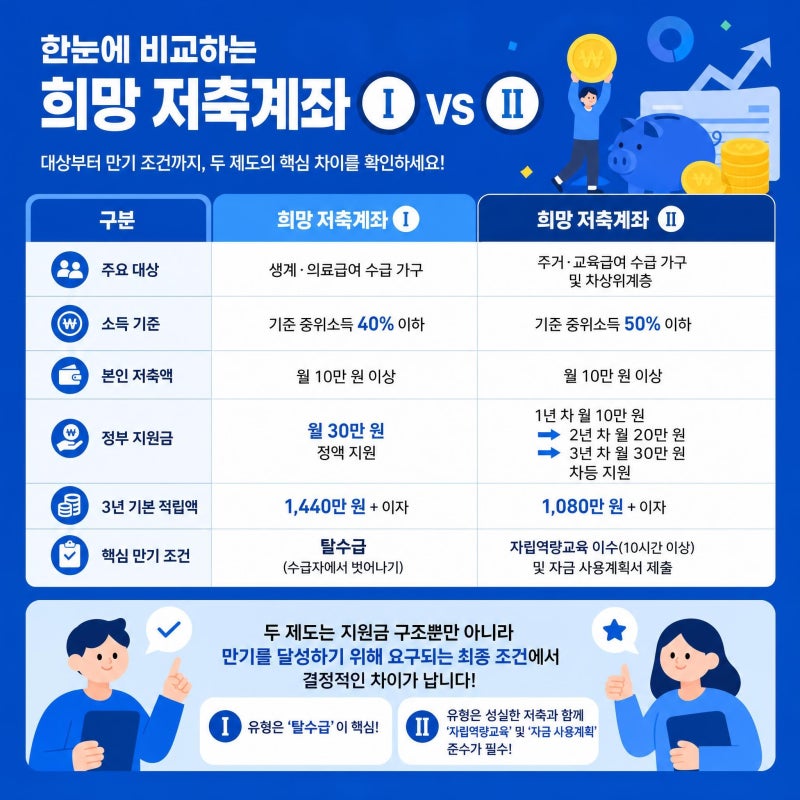 희망 저축계좌 1·2 차이점 완벽 분석: 가입 조건부터 정부 지원금, 만기 조건까지