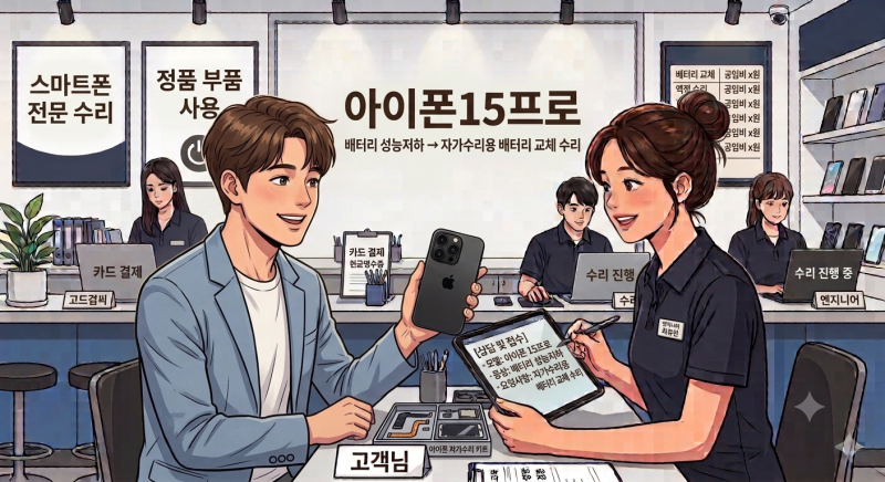 [자가수리부품공임수리] 아이폰15프로 자가수리용 부품(DEJI 배터리) 공임 교체 및 수화부 파....