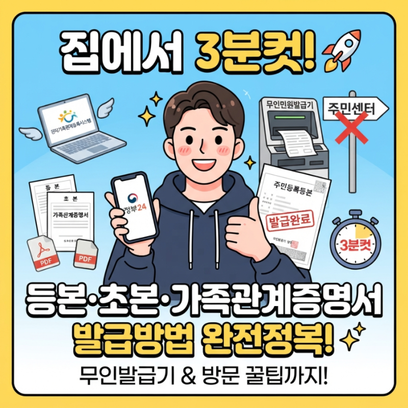 주민등록등본·초본·가족관계증명서 발급 방법 총정리 (인터넷·무인발급기 비용·주의사항)