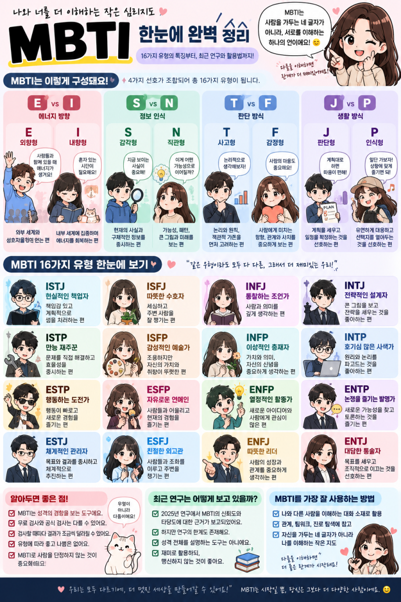 MBTI 16가지 유형 총정리｜E I·S N·T F·J P 뜻부터 성격 특징까지 2026 최신 리뷰