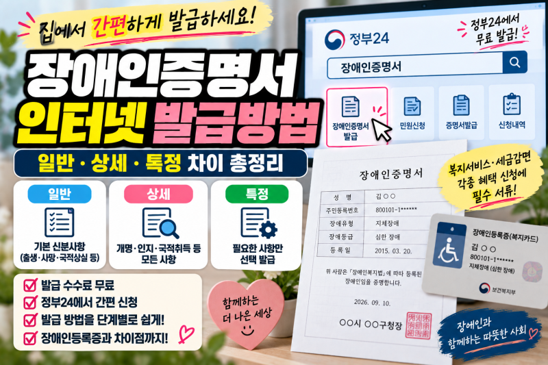 장애인증명서 인터넷 발급방법｜정부24 무료 발급·용도·장애인등록증 차이 총정리
