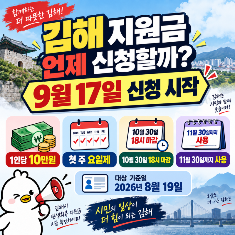 2026 김해 민생회복지원금 1인당 10만원｜9월 17일 신청·요일제·사용처