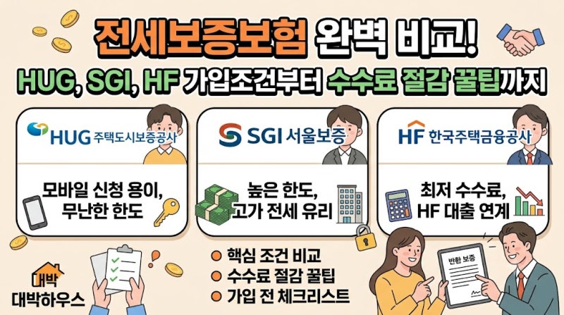 전세보증보험 완벽 비교! HUG, SGI, HF 가입조건부터 수수료 절감 꿀팁까지