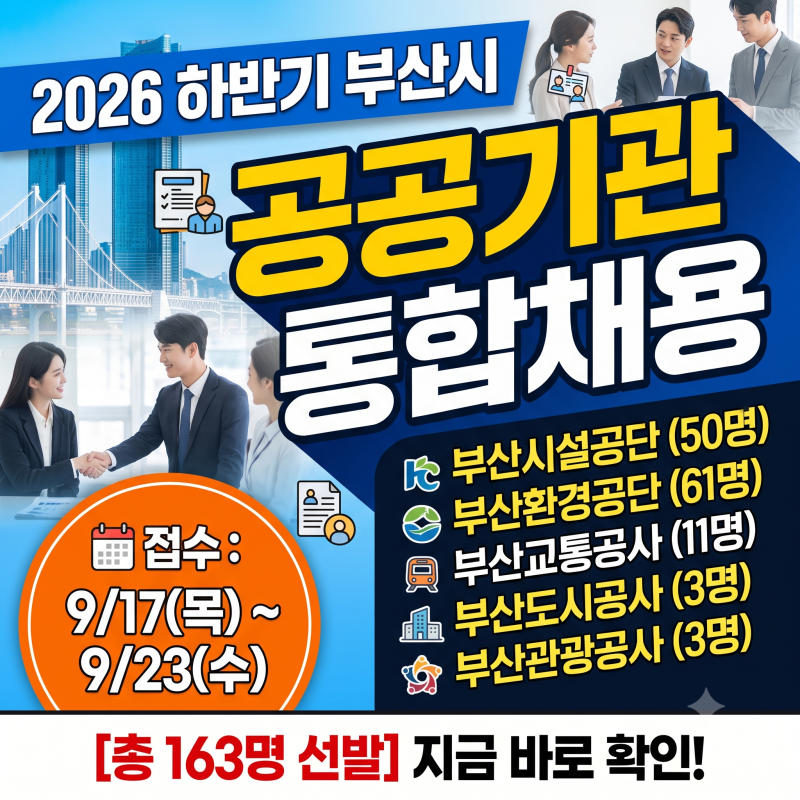 2026년 하반기 부산시 공공기관 통합채용 요강｜13개 기관 163명 선발 일정·자격·접수 절차 총....