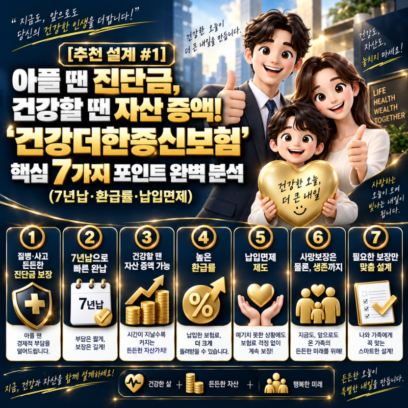 [추천 설계 #1] 아플 땐 진단금, 건강할 땐 자산 증액! ‘건강더한종신보험’ 핵심 7가지 포인....