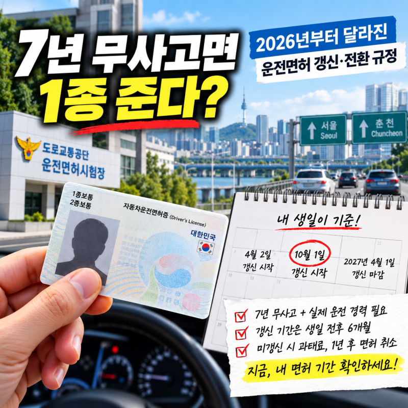 "7년 무사고면 1종 준다?" 2026년부터 달라진 운전면허 갱신·전환 규정