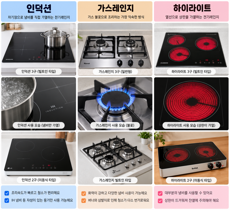 인덕션 vs 하이라이트 vs 가스레인지도대체 뭐가 다를까?화력·전기세·냄비한 번에 비교!