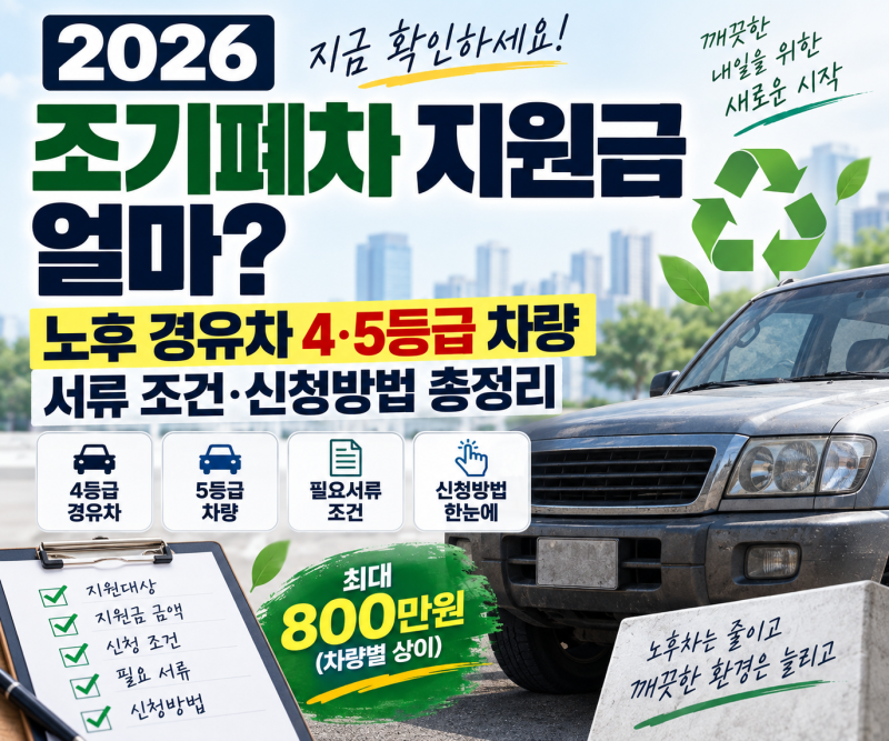 2026 조기폐차 지원금 얼마? 노후 경유차 4·5등급 차량 서류 조건·신청방법 총정리