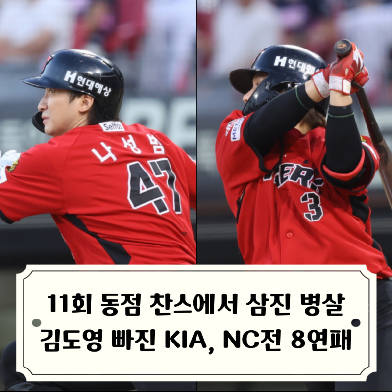 김도영 빠진 KIA 졸전 끝에 NC전 8연패, 11회말 동점 찬스에서 나성범은 삼진 김선빈은 병살타