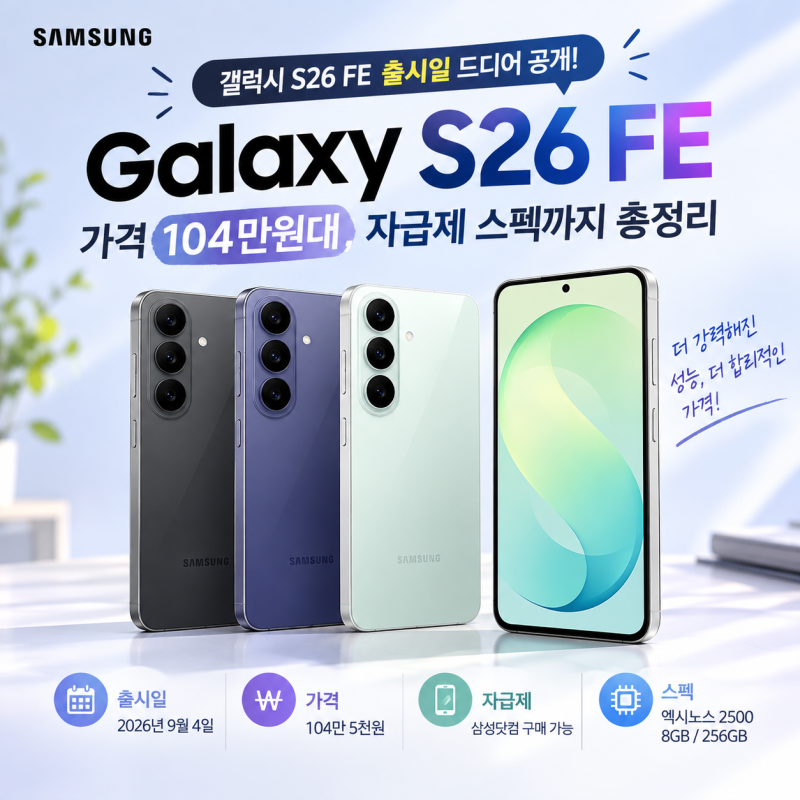 갤럭시 S26 FE 출시일 가격 104만원대, 자급제 스펙까지 총정리