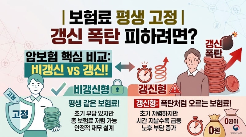 ㅣ보험료 평생 고정ㅣ 갱신 폭탄 피하려면? 암보험 비갱신형 vs 갱신형 핵심 비교