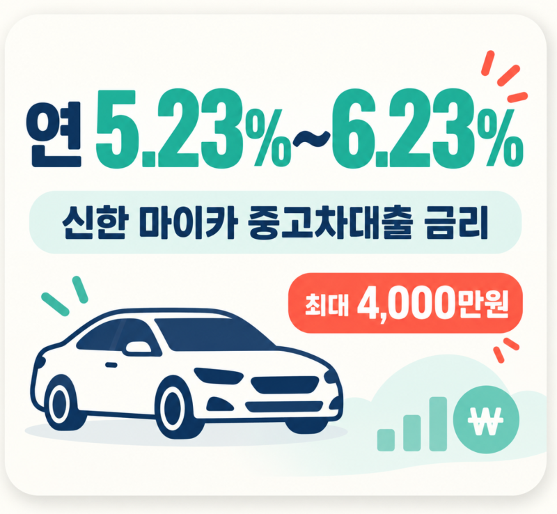 신한은행 중고차대출 한도 4천만원, 금리별 월 상환금액 비교