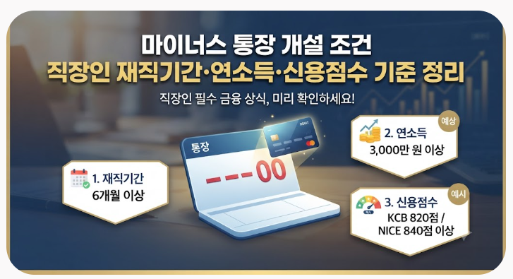 마이너스 통장 개설 조건 직장인 재직기간·연소득·신용점수 기준 정리