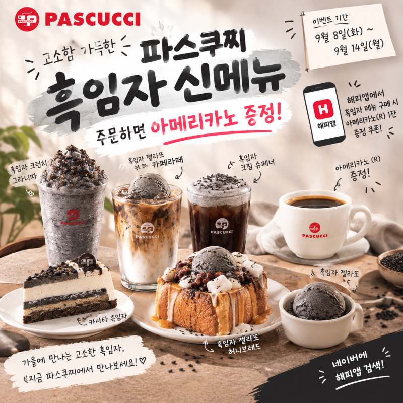 [26년 9월] 파스쿠찌 흑임자 신메뉴 아메리카노 증정! 해피앱에서 무료 쿠폰 받는 방법