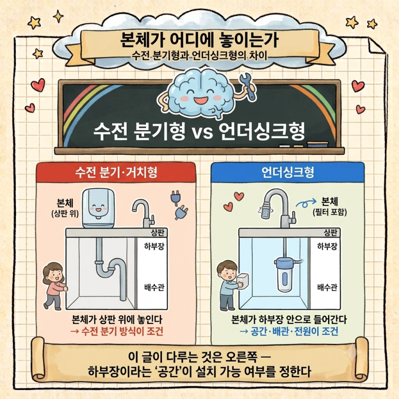 언더싱크정수기 설치 전 확인할 것 — 하부장 치수부터 품질검사필증까지