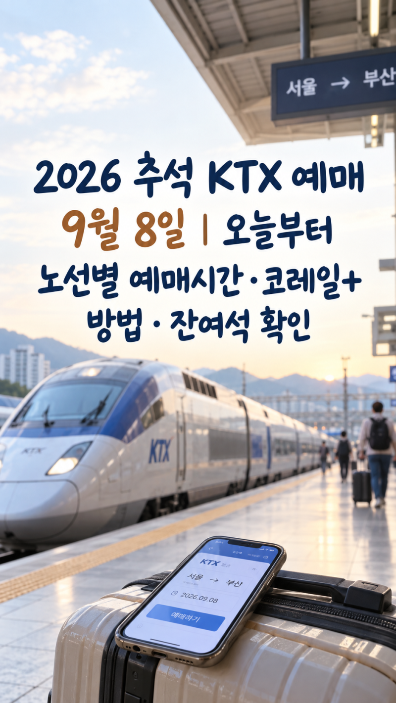 2026 추석 KTX 예매 9월 8일 | 오늘부터 노선별 예매시간·코레일+ 방법·잔여석 확인