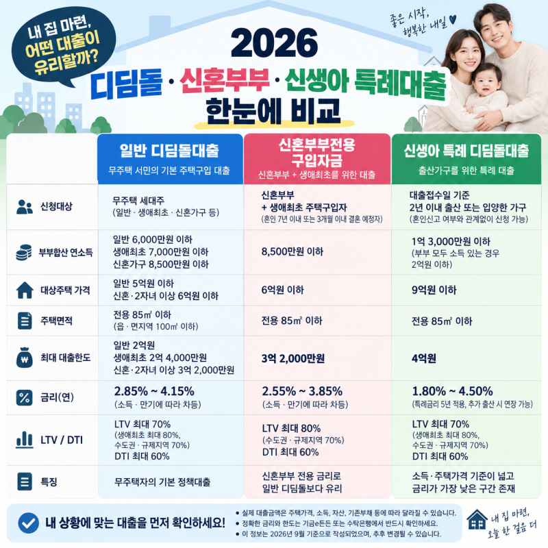 2026 디딤돌·신혼부부·신생아 특례대출 비교｜소득·집값·한도·금리 총정리