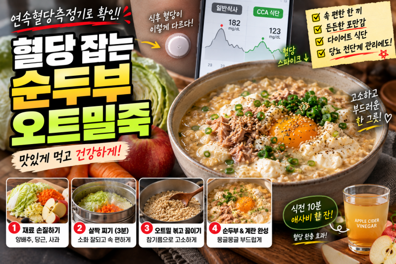 연속혈당측정기로 검증한 식후 혈당 잡는 다이어트 식단! 순두부 오트밀죽 끓이는 법과 애사....