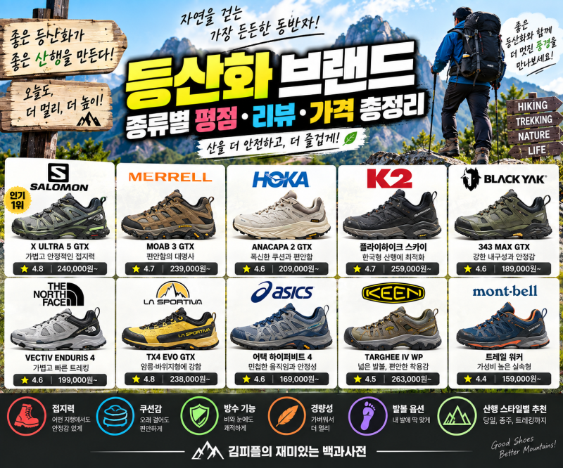 등산화 브랜드 추천 2026｜살로몬·메렐·호카·K2 등 평점·리뷰·가격 총정리