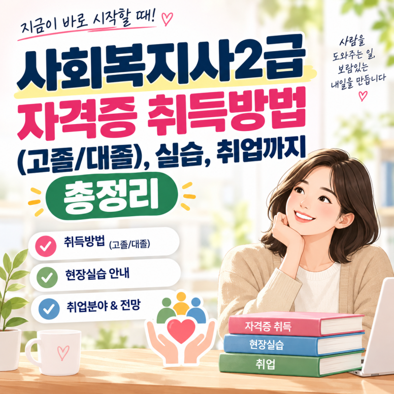 사회복지사2급 자격증 취득방법(고졸/대졸), 실습, 취업까지 총정리