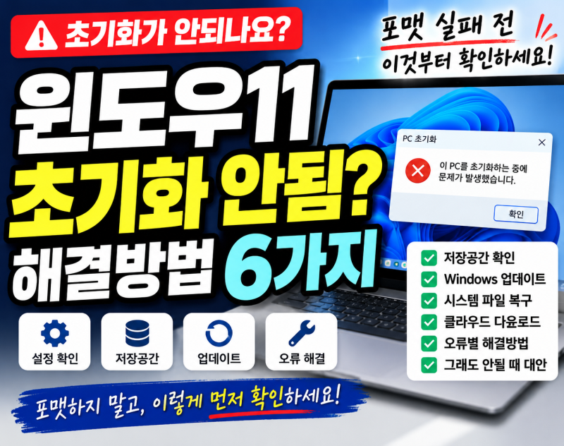 윈도우11 초기화 안될 때 해결방법｜포맷 실패하기 전에 이것부터 확인하세요