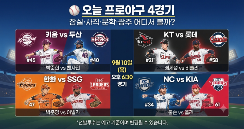 오늘 야구 어디서 볼까? 9월 10일 KBO 경기 일정과 선발투수 총정리