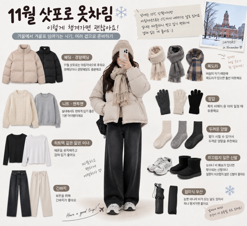삿포로 11월 날씨 옷차림｜패딩 필요할까? 첫눈·기온까지 정리