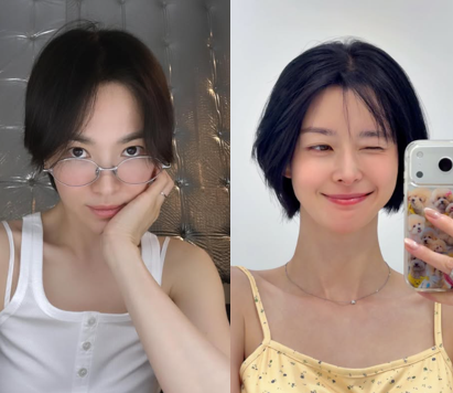 송혜교 권나라 단발 비교.. 브라운 레더 재킷 vs 베이지 재킷 가을룩