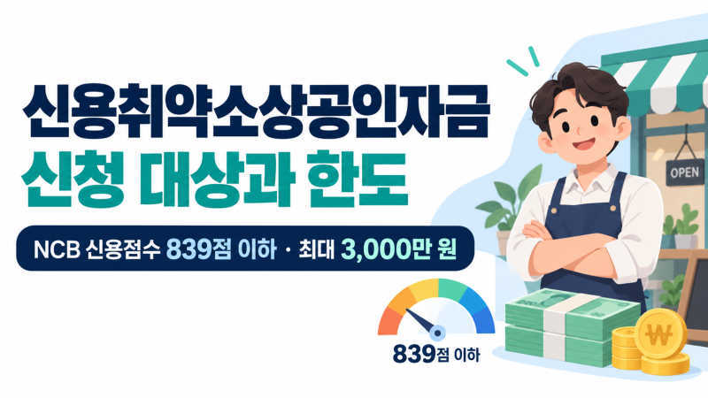 2026 신용취약소상공인자금 신청조건 신용점수 839점 이하와 3천만원 한도