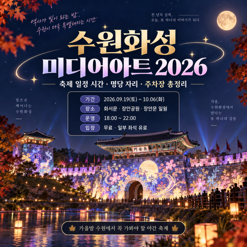 수원화성 미디어아트 2026 축제 일정 시간 명당 자리 주차장까지 총정리!