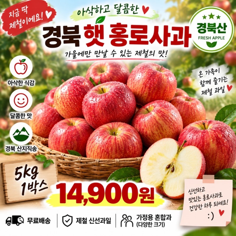 경북 햇 홍로사과 5kg이 14,900원 요즘 사과값 생각하면 눈에 들어오네요