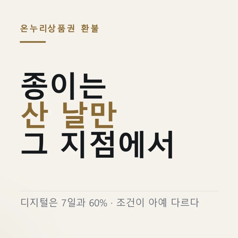 온누리상품권 환불 기준 두 가지 ｜ 지류는 산 날 그 지점에서만, 디지털은 7일과 60%