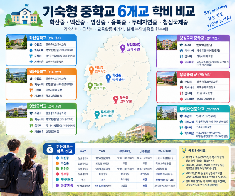 [기숙중-학비]6개교 학비 비교｜화산중·백산중·영선중·용북중·두레자연중·청심국제중