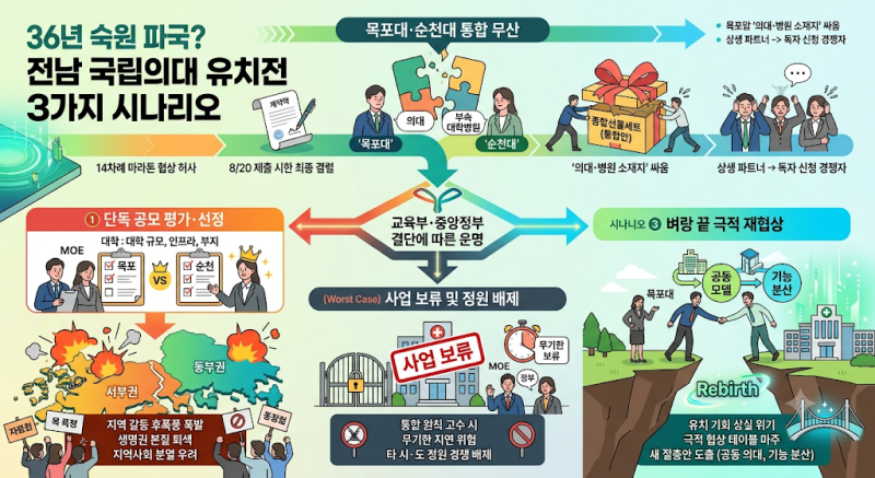 "36년 숙원 결국 파국?" 목포대·순천대 통합 무산과 전남 국립의대 유치전 3가지 시나리오